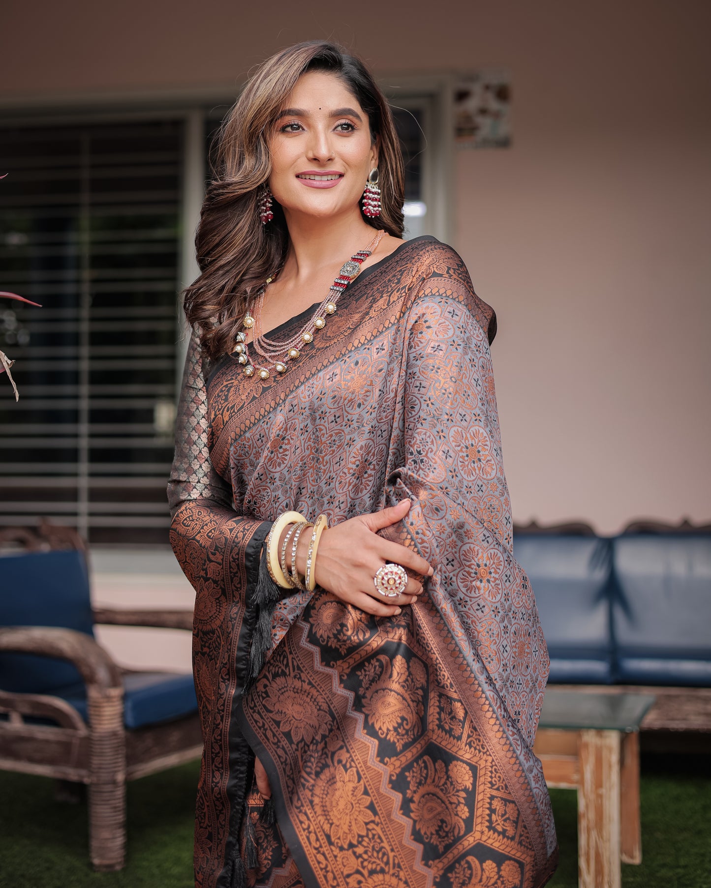 Luxe Banarsi Silk Saree with Designer Tassels and Dual Satin Effect