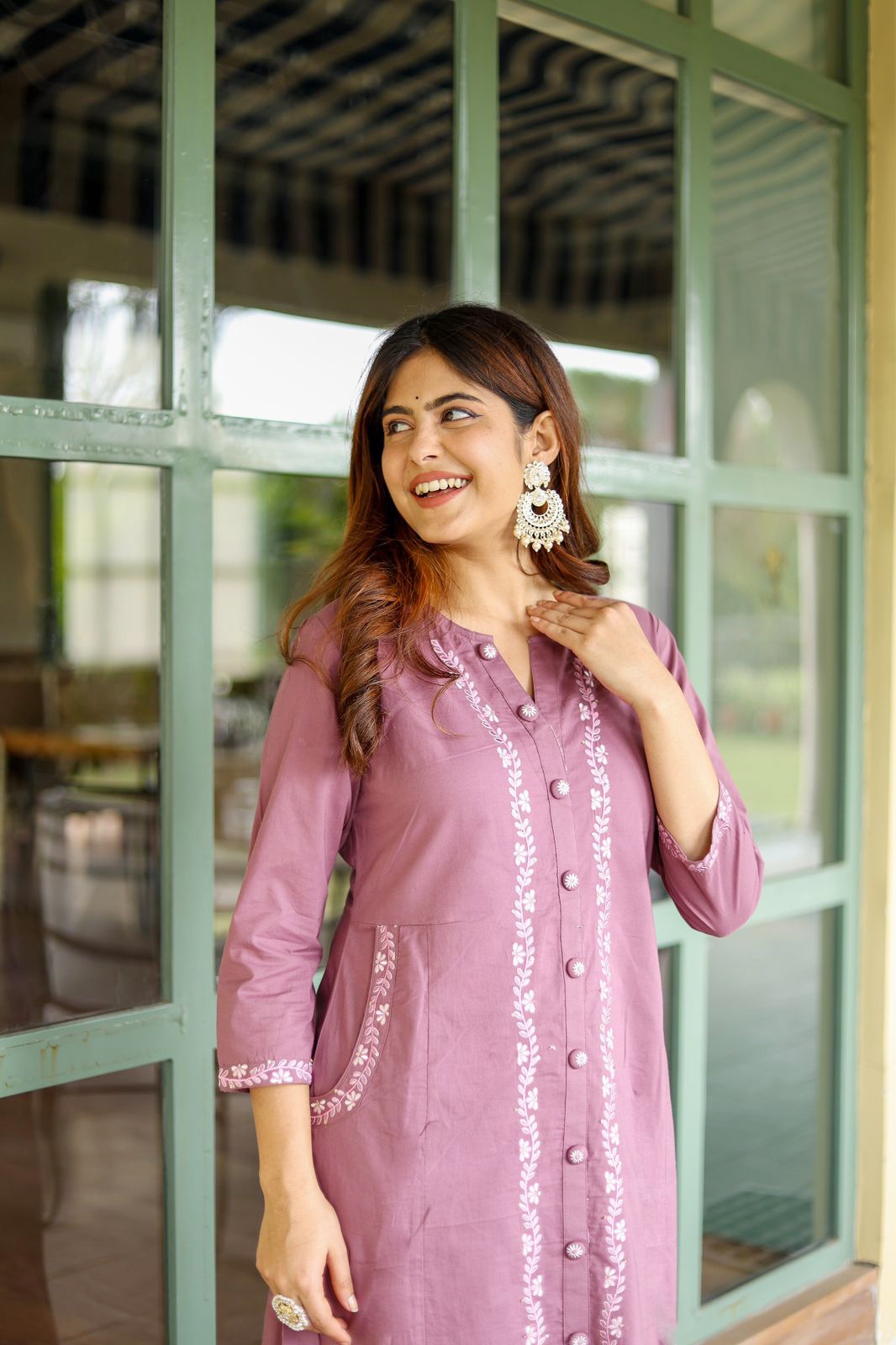 Opulent Aura: Embroidered Cotton Kurti with Both Side Pocket Button Accents and Stylish Pants