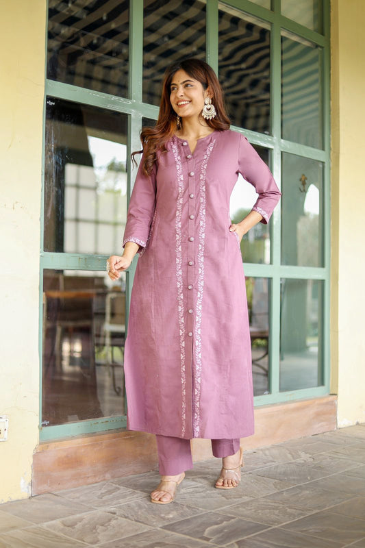 Opulent Aura: Embroidered Cotton Kurti with Both Side Pocket Button Accents and Stylish Pants