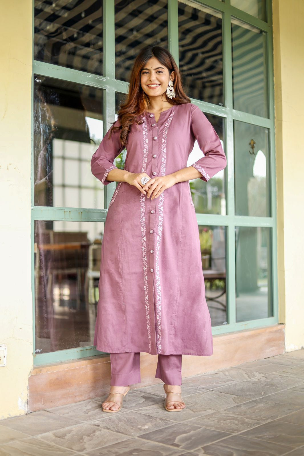 Opulent Aura: Embroidered Cotton Kurti with Both Side Pocket Button Accents and Stylish Pants
