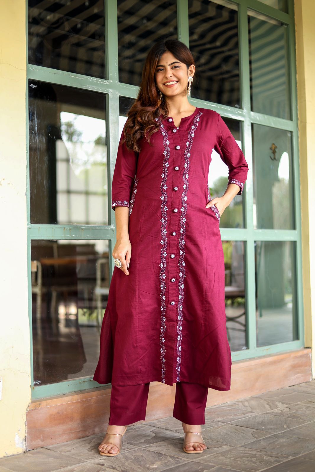 Opulent Aura: Embroidered Cotton Kurti with Both Side Pocket Button Accents and Stylish Pants