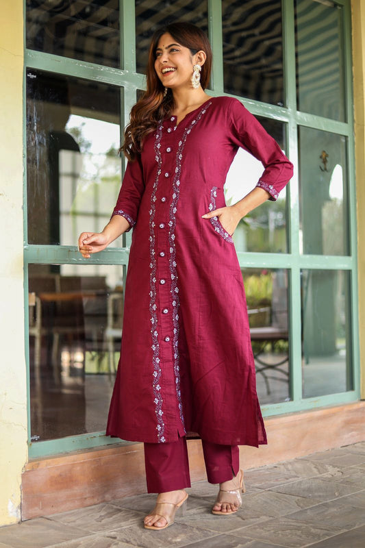 Opulent Aura: Embroidered Cotton Kurti with Both Side Pocket Button Accents and Stylish Pants