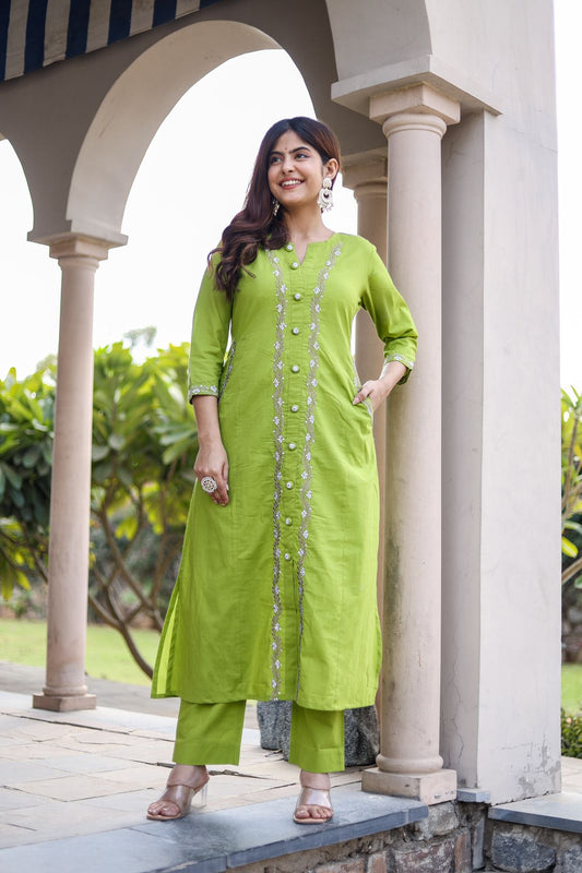 Opulent Aura: Embroidered Cotton Kurti with Both Side Pocket Button Accents and Stylish Pants