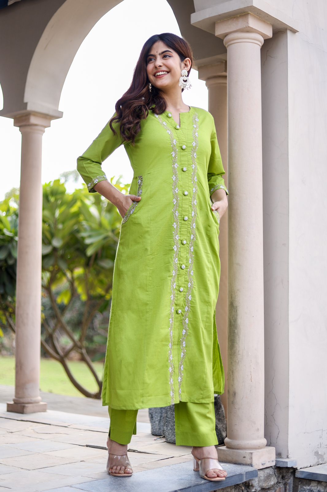 Opulent Aura: Embroidered Cotton Kurti with Both Side Pocket Button Accents and Stylish Pants
