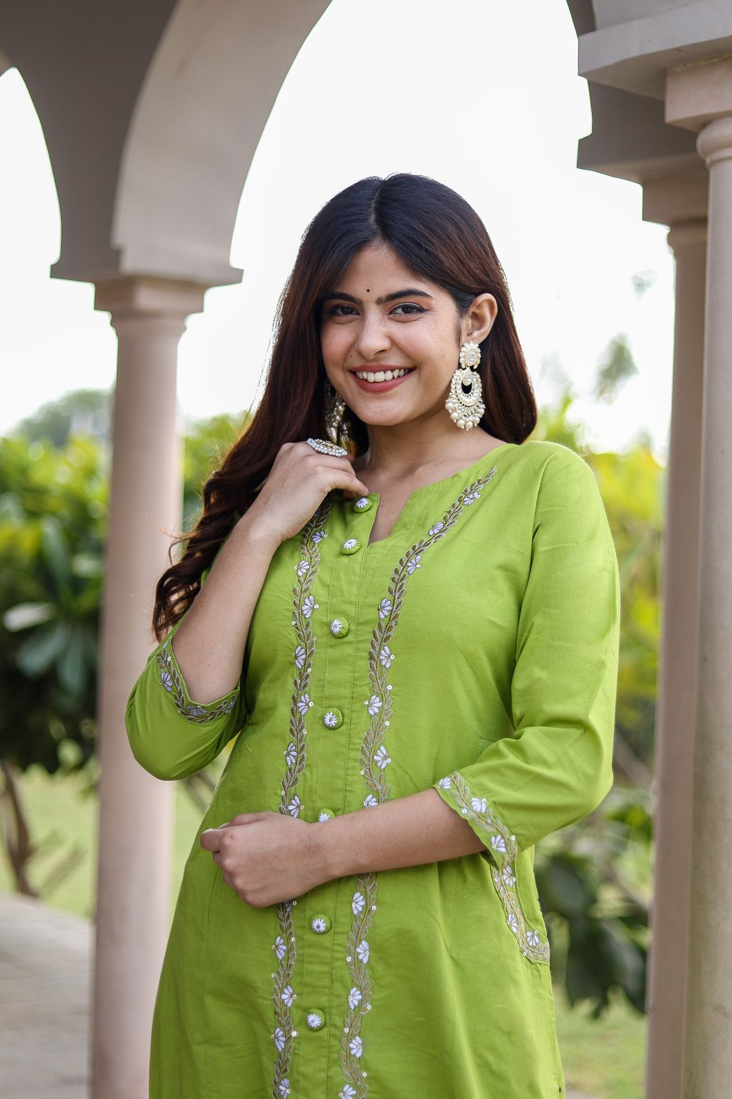 Opulent Aura: Embroidered Cotton Kurti with Both Side Pocket Button Accents and Stylish Pants