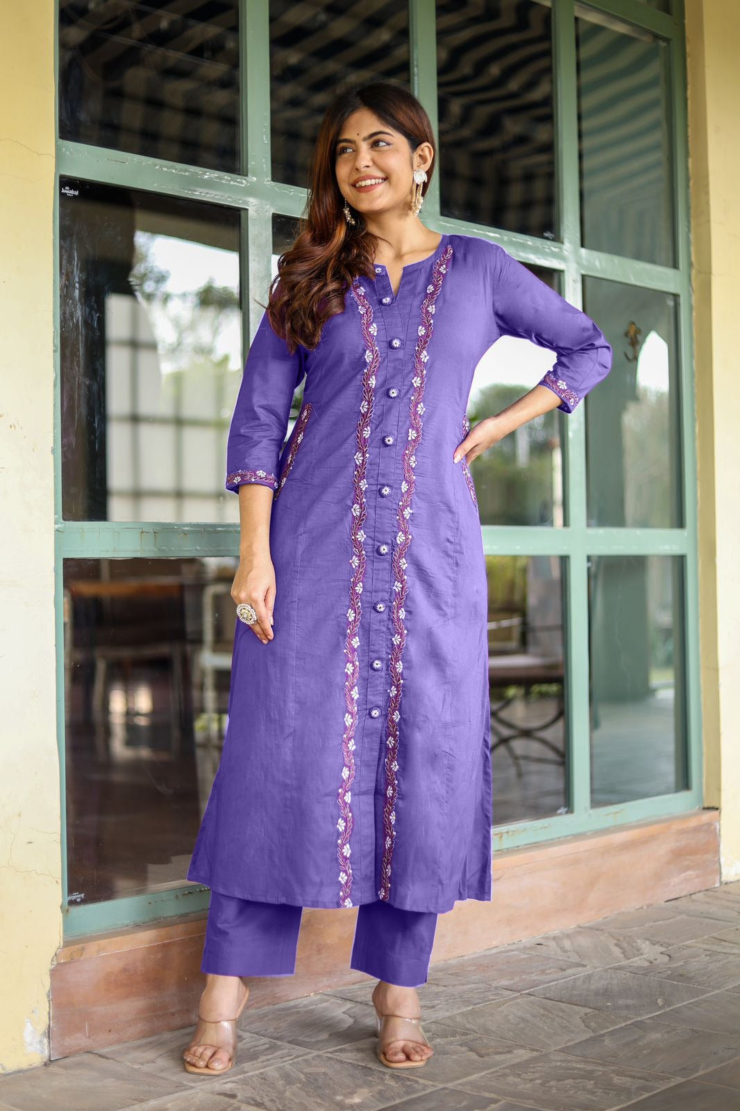 Opulent Aura: Embroidered Cotton Kurti with Both Side Pocket Button Accents and Stylish Pants