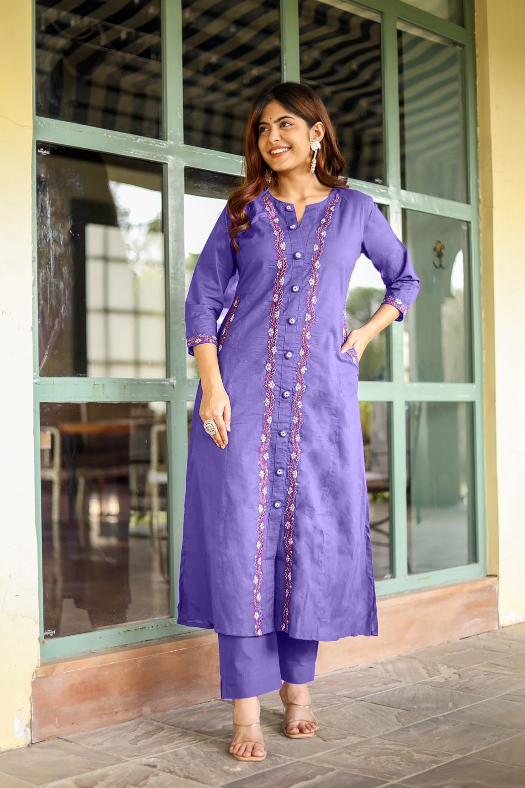Opulent Aura: Embroidered Cotton Kurti with Both Side Pocket Button Accents and Stylish Pants
