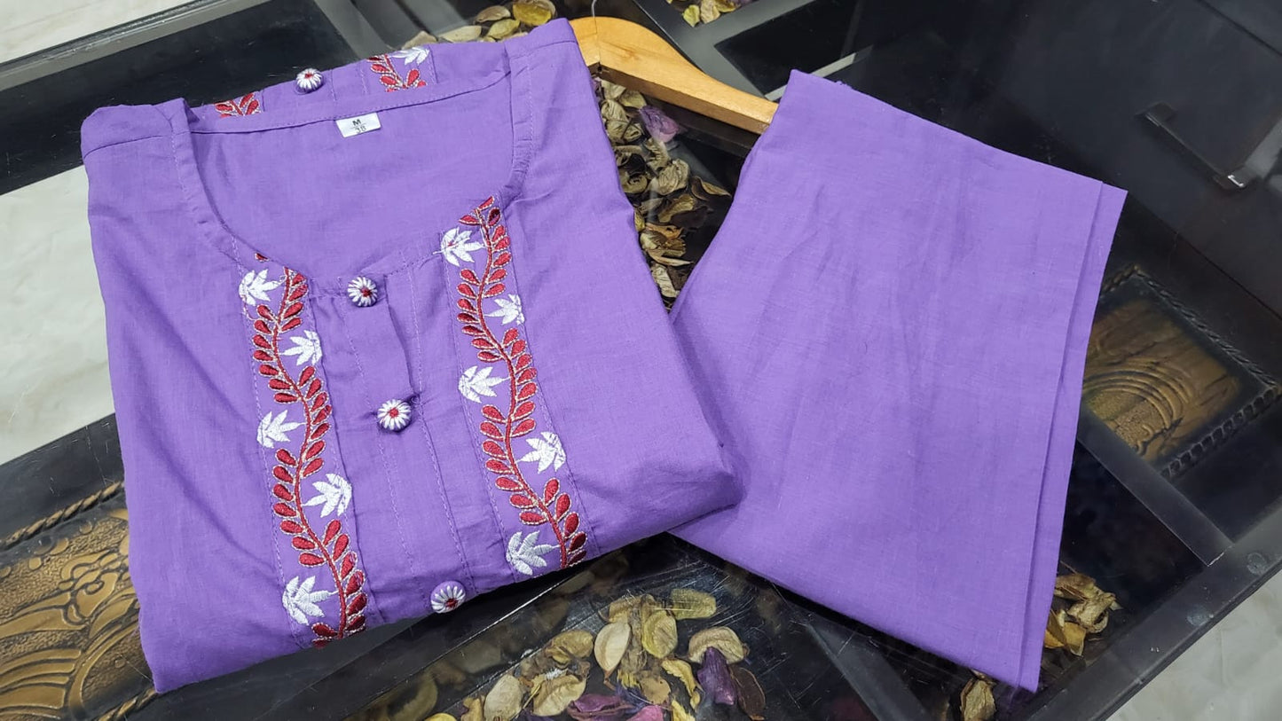 Opulent Aura: Embroidered Cotton Kurti with Both Side Pocket Button Accents and Stylish Pants