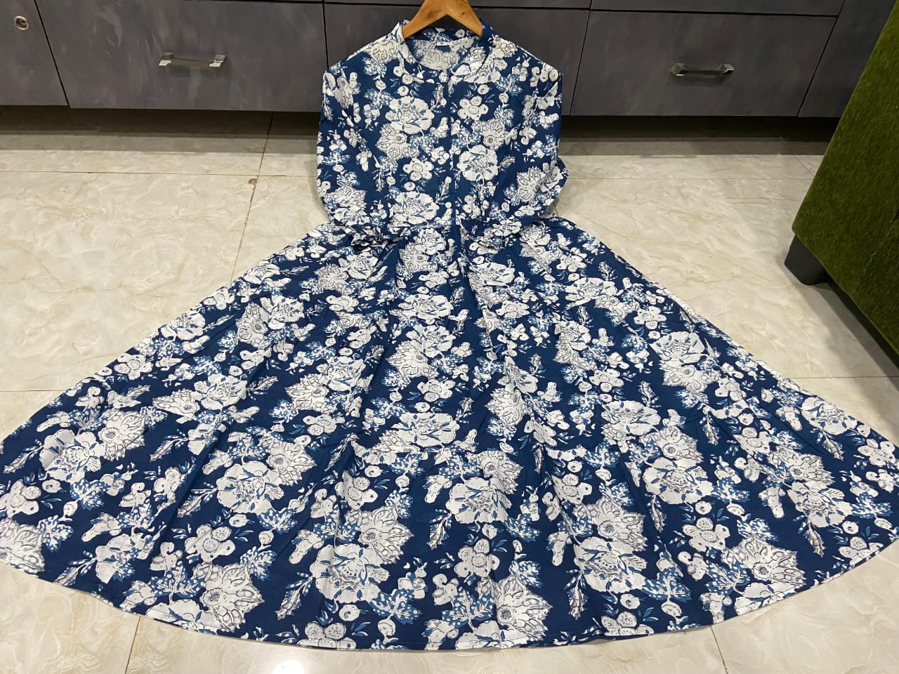 Meadow Whisper Tiered: Navy Blue Cotton Midi Dress with Puff Sleeves