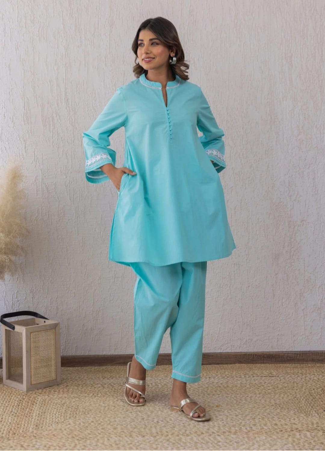 Sky Blue Lace Enchantment Cord Set with Cotton Palazzo Pants