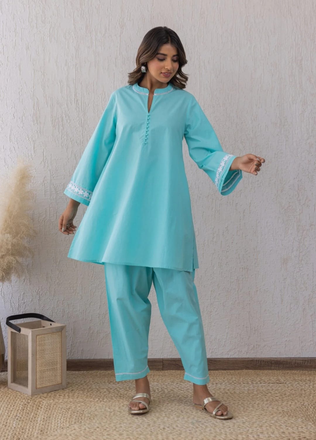 Sky Blue Lace Enchantment Cord Set with Cotton Palazzo Pants
