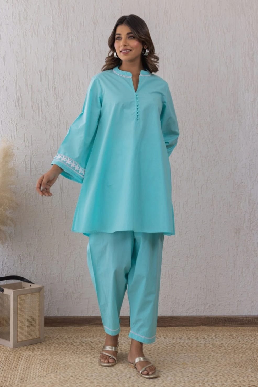 Sky Blue Lace Enchantment Cord Set with Cotton Palazzo Pants