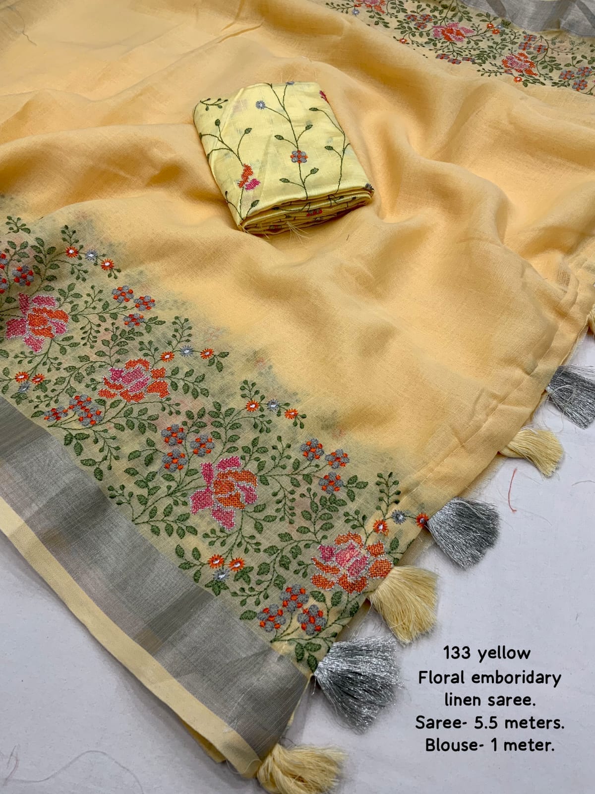Embroidered Elegance Linen Saree