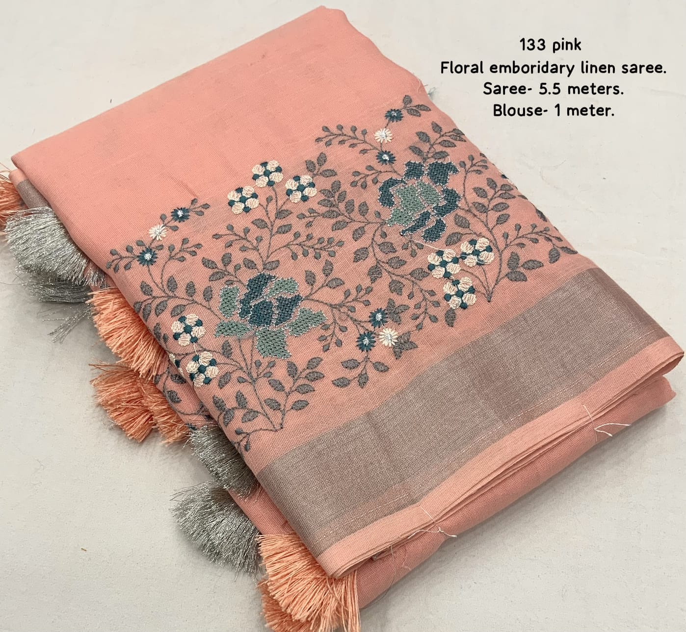 Embroidered Elegance Linen Saree