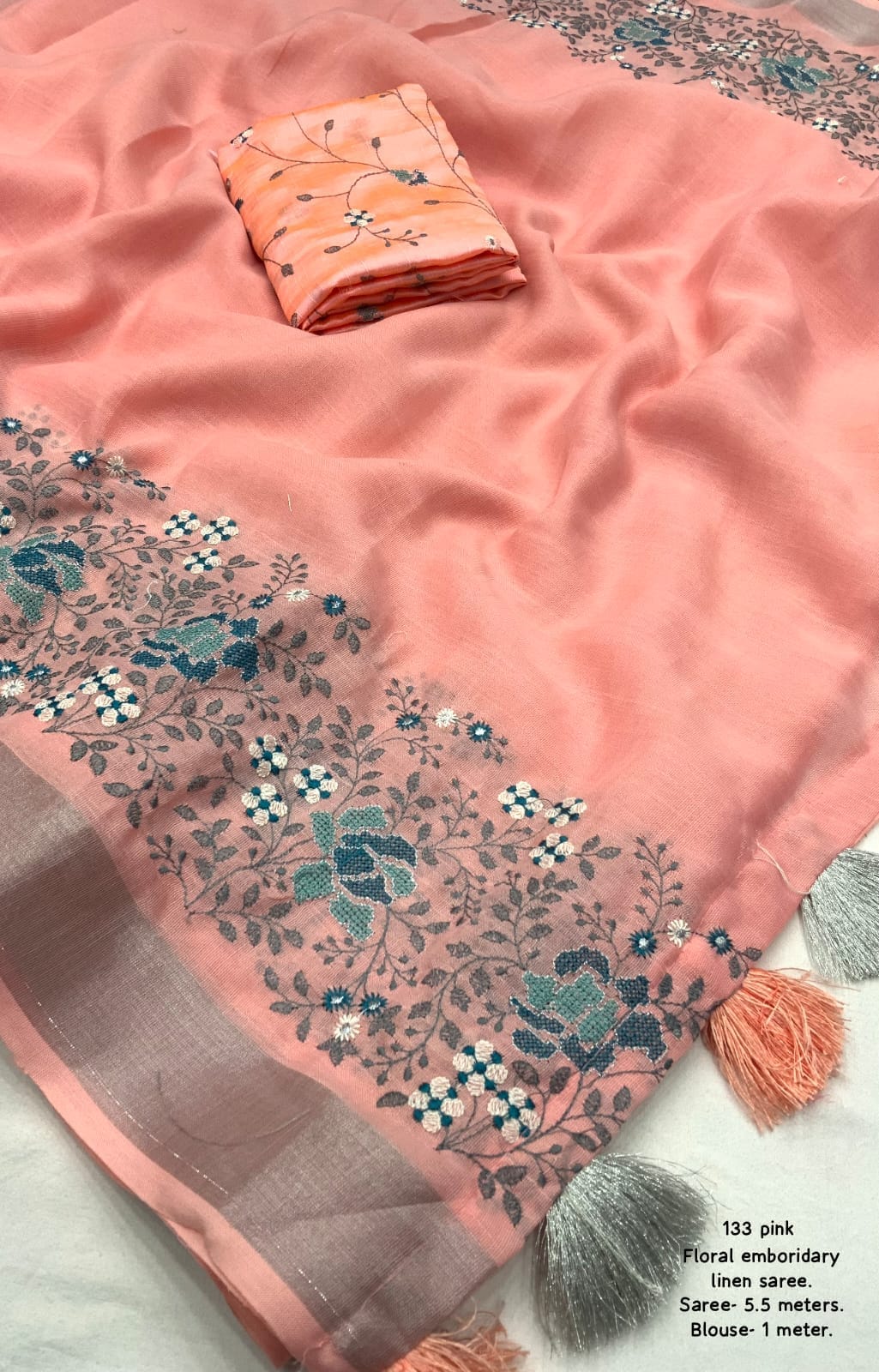 Embroidered Elegance Linen Saree
