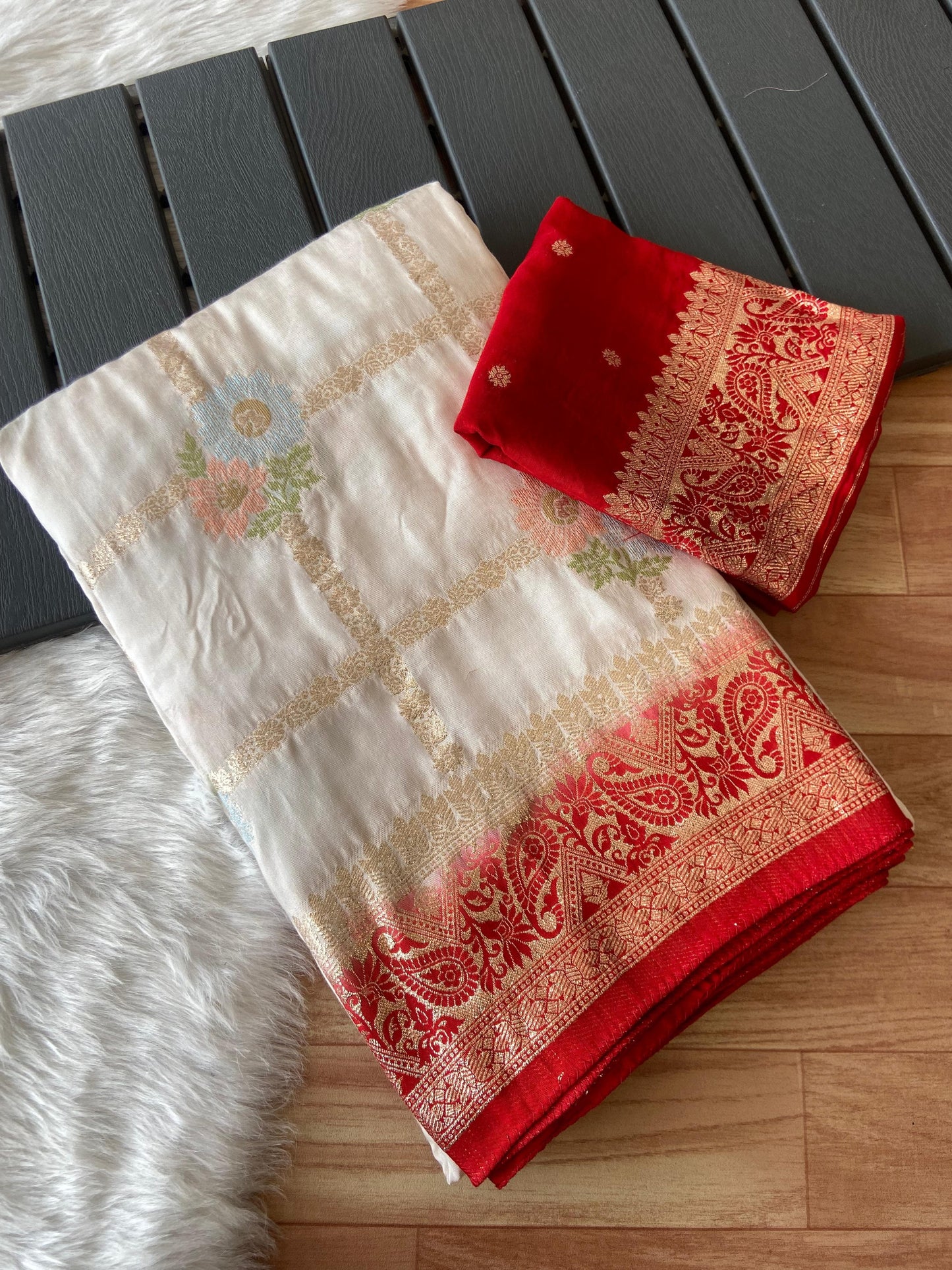 Cherry Snowfall Banarasi Silk Saree