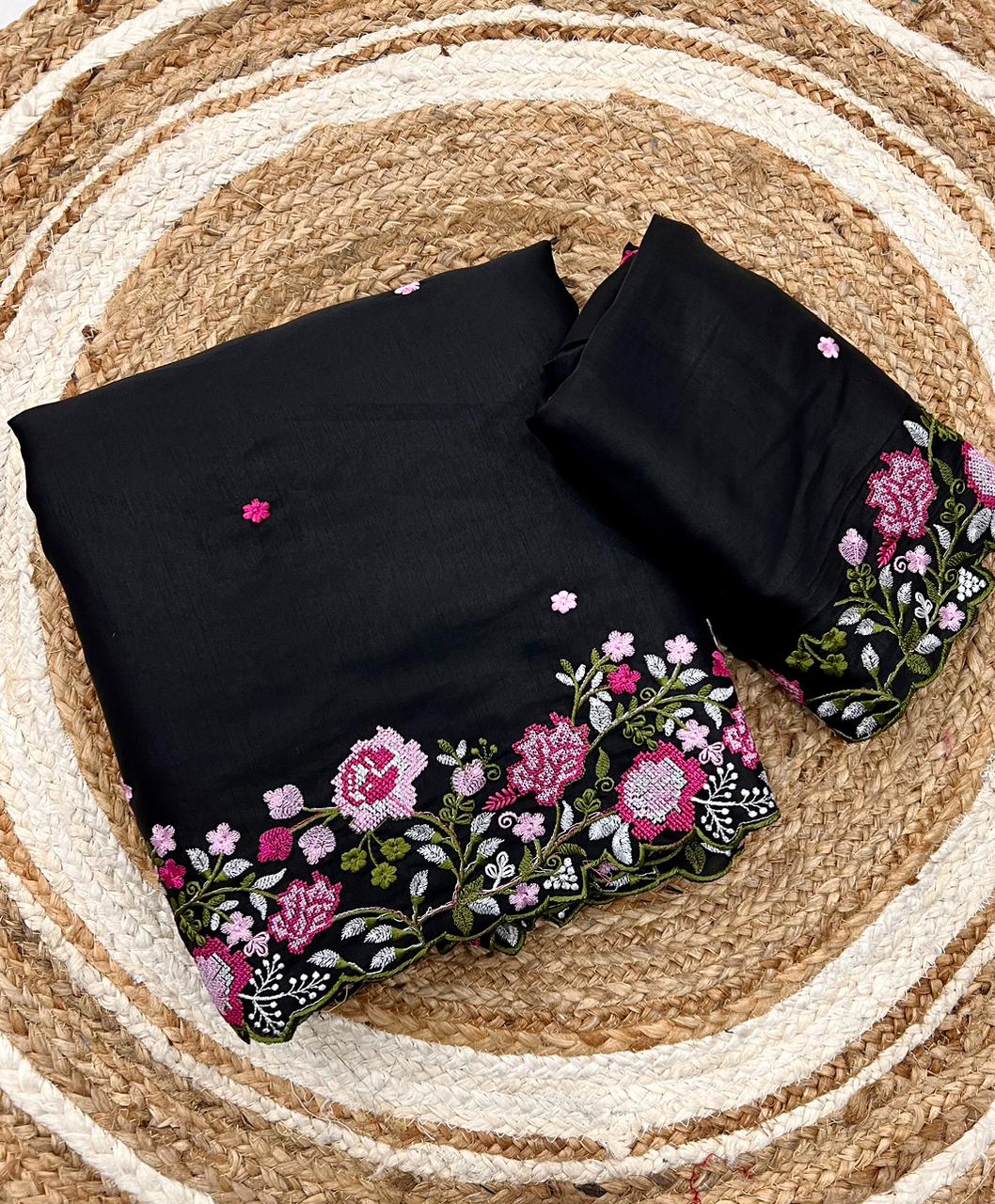 Nocturnal Bloom Korean Tusser Silk Saree