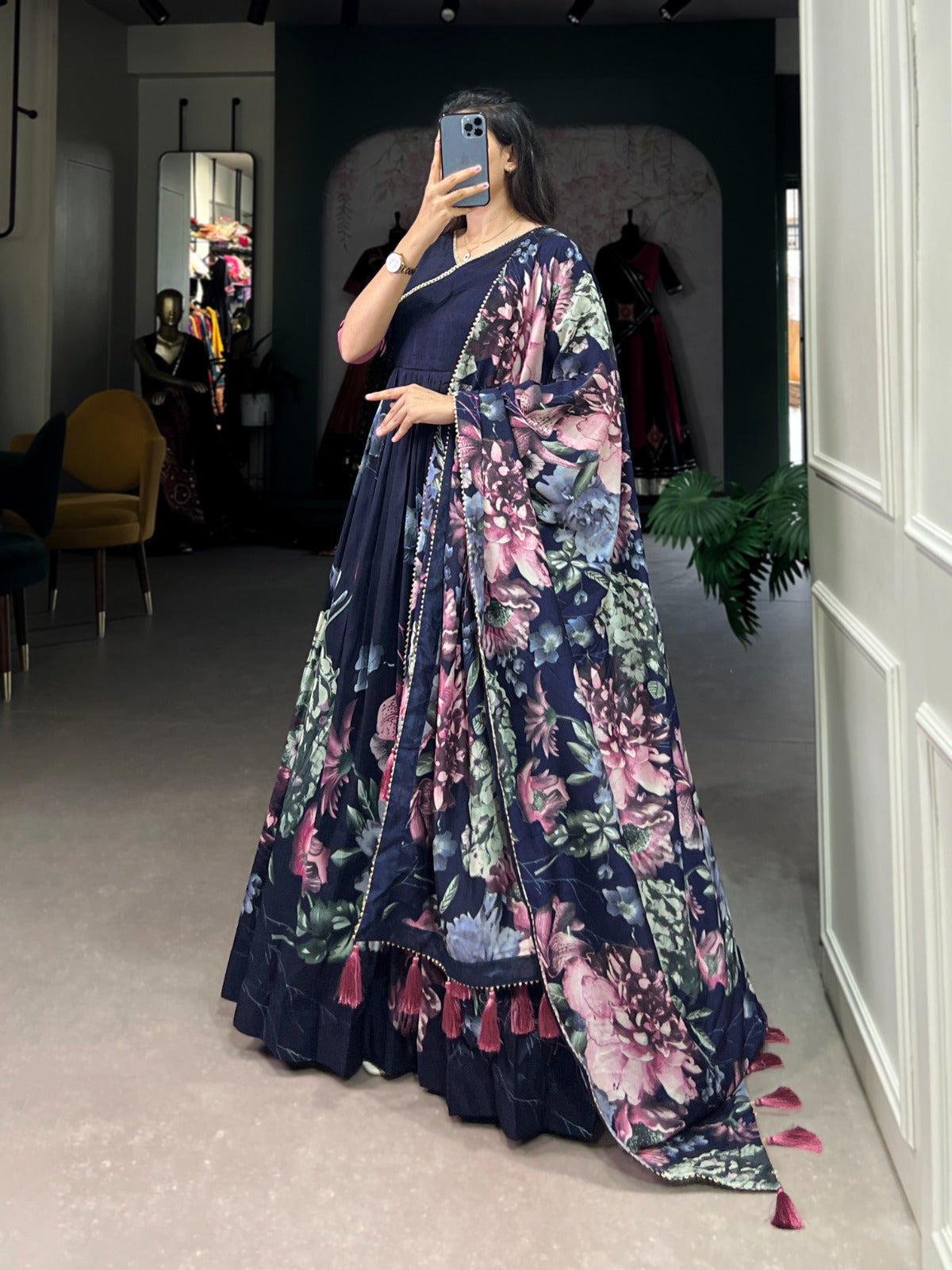 Regal Bloom Tussar Gown Set (Free Size)