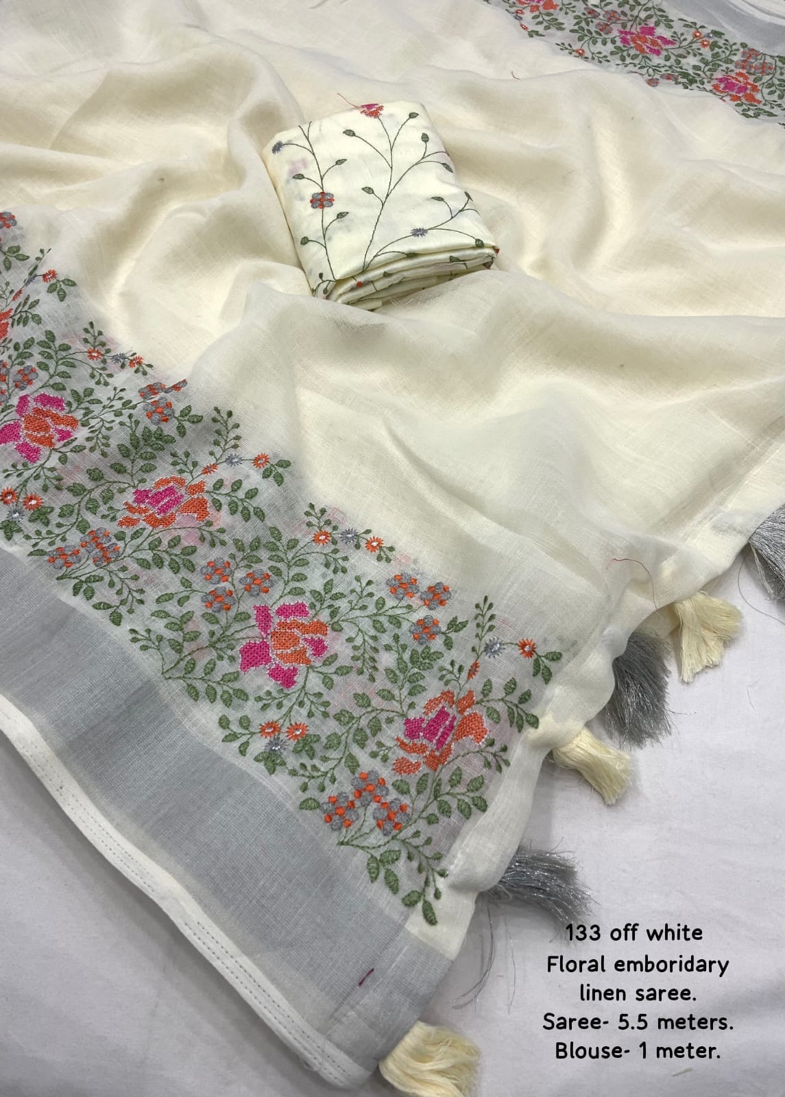 Embroidered Elegance Linen Saree