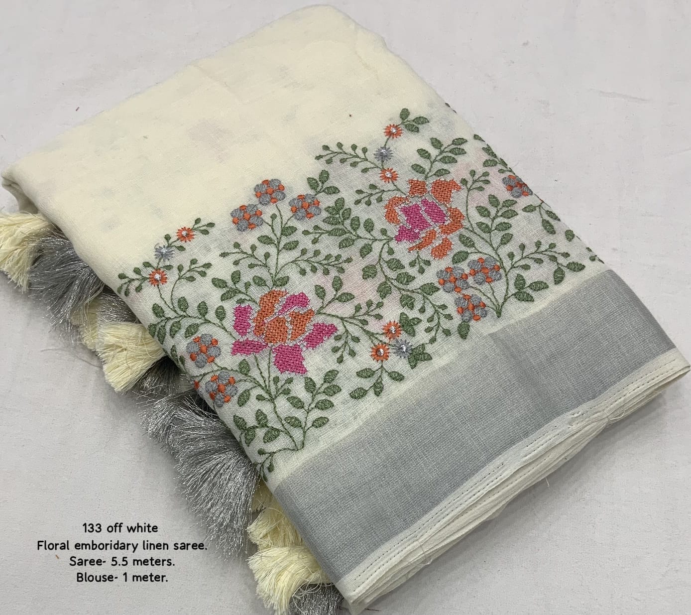 Embroidered Elegance Linen Saree