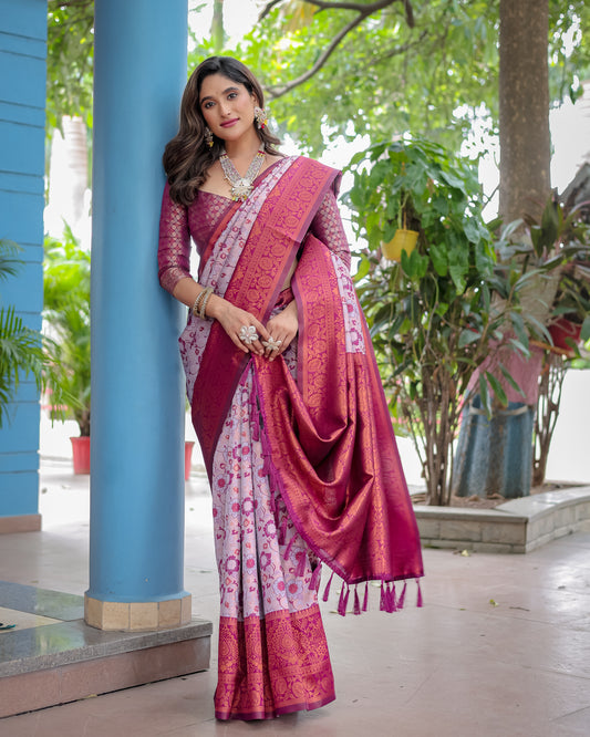 Super Duper Hit Banarsi Silk Saree with Designer Tassels and Dual Satin Effect Border