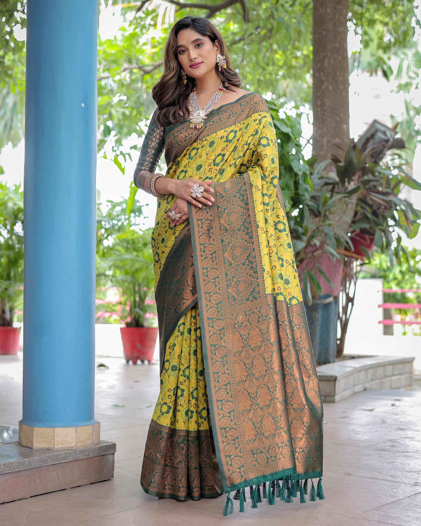 Super Duper Hit Banarsi Silk Saree with Designer Tassels and Dual Satin Effect Border