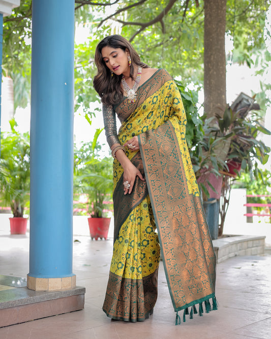 Super Duper Hit Banarsi Silk Saree with Designer Tassels and Dual Satin Effect Border