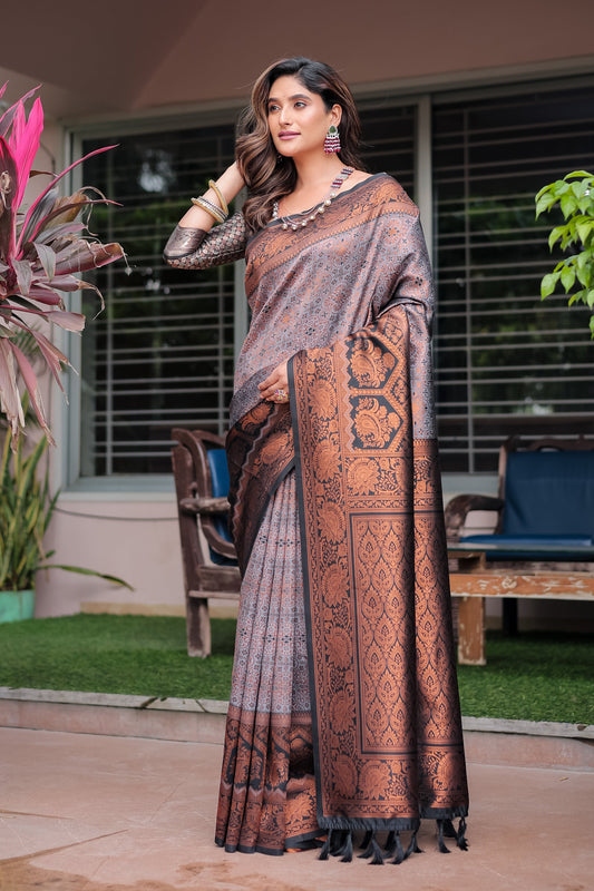 Luxe Banarsi Silk Saree with Designer Tassels and Dual Satin Effect