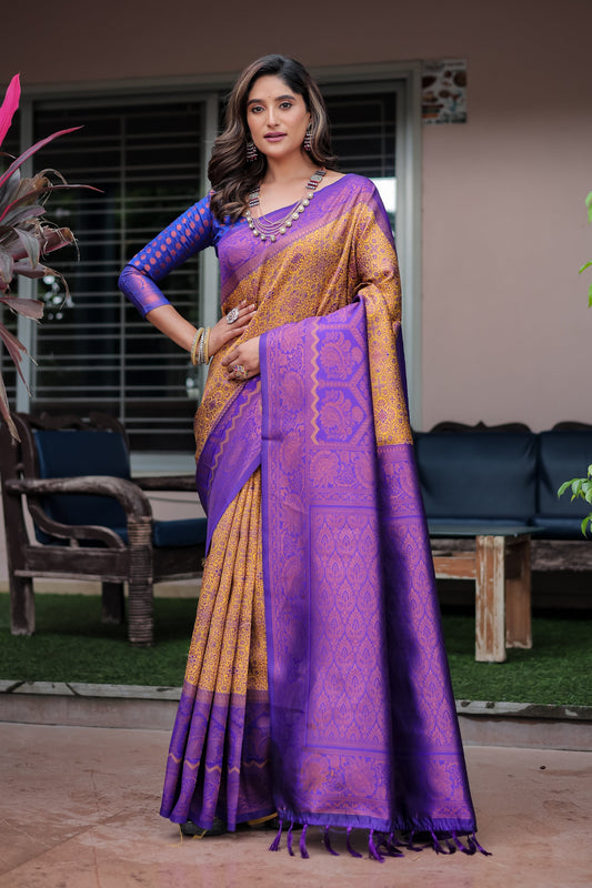 Luxe Banarsi Silk Saree with Designer Tassels and Dual Satin Effect