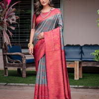 Luxe Banarsi Silk Saree with Designer Tassels and Dual Satin Effect