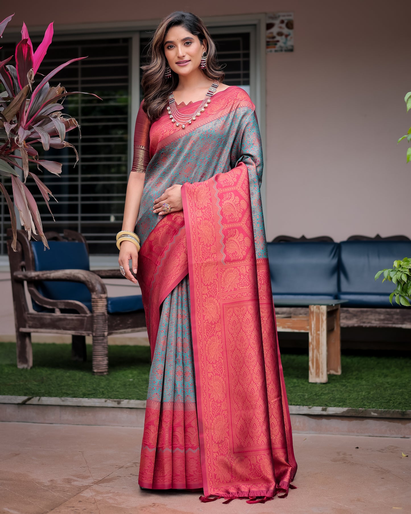 Luxe Banarsi Silk Saree with Designer Tassels and Dual Satin Effect