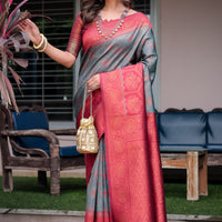 Luxe Banarsi Silk Saree with Designer Tassels and Dual Satin Effect