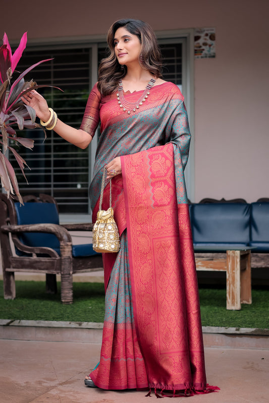 Luxe Banarsi Silk Saree with Designer Tassels and Dual Satin Effect