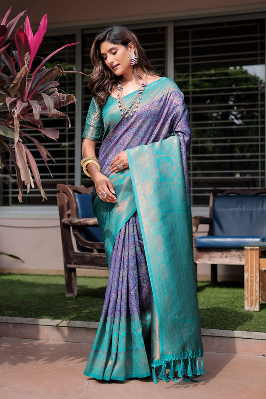 Luxe Banarsi Silk Saree with Designer Tassels and Dual Satin Effect