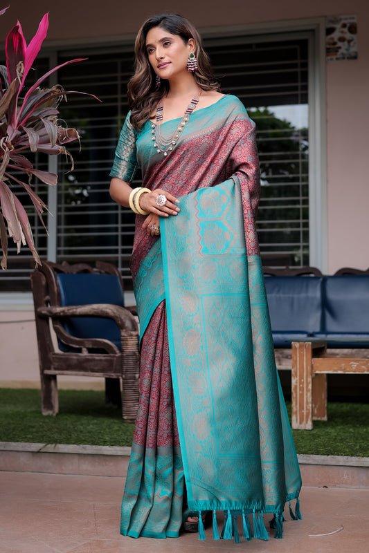 Luxe Banarsi Silk Saree with Designer Tassels and Dual Satin Effect