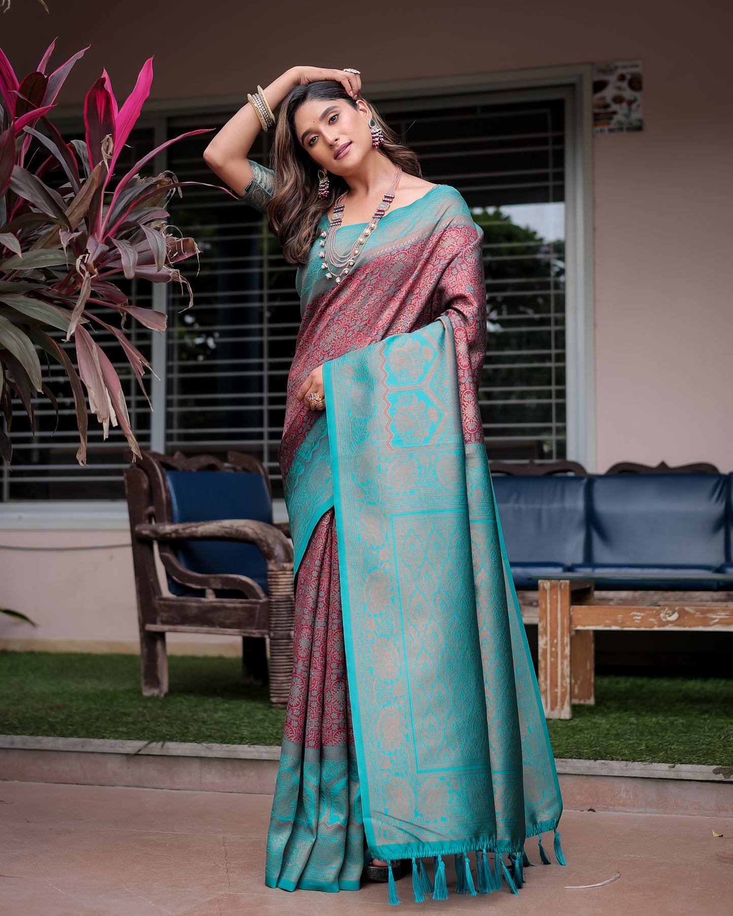 Luxe Banarsi Silk Saree with Designer Tassels and Dual Satin Effect