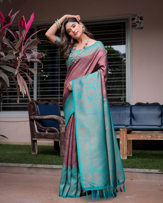 Luxe Banarsi Silk Saree with Designer Tassels and Dual Satin Effect