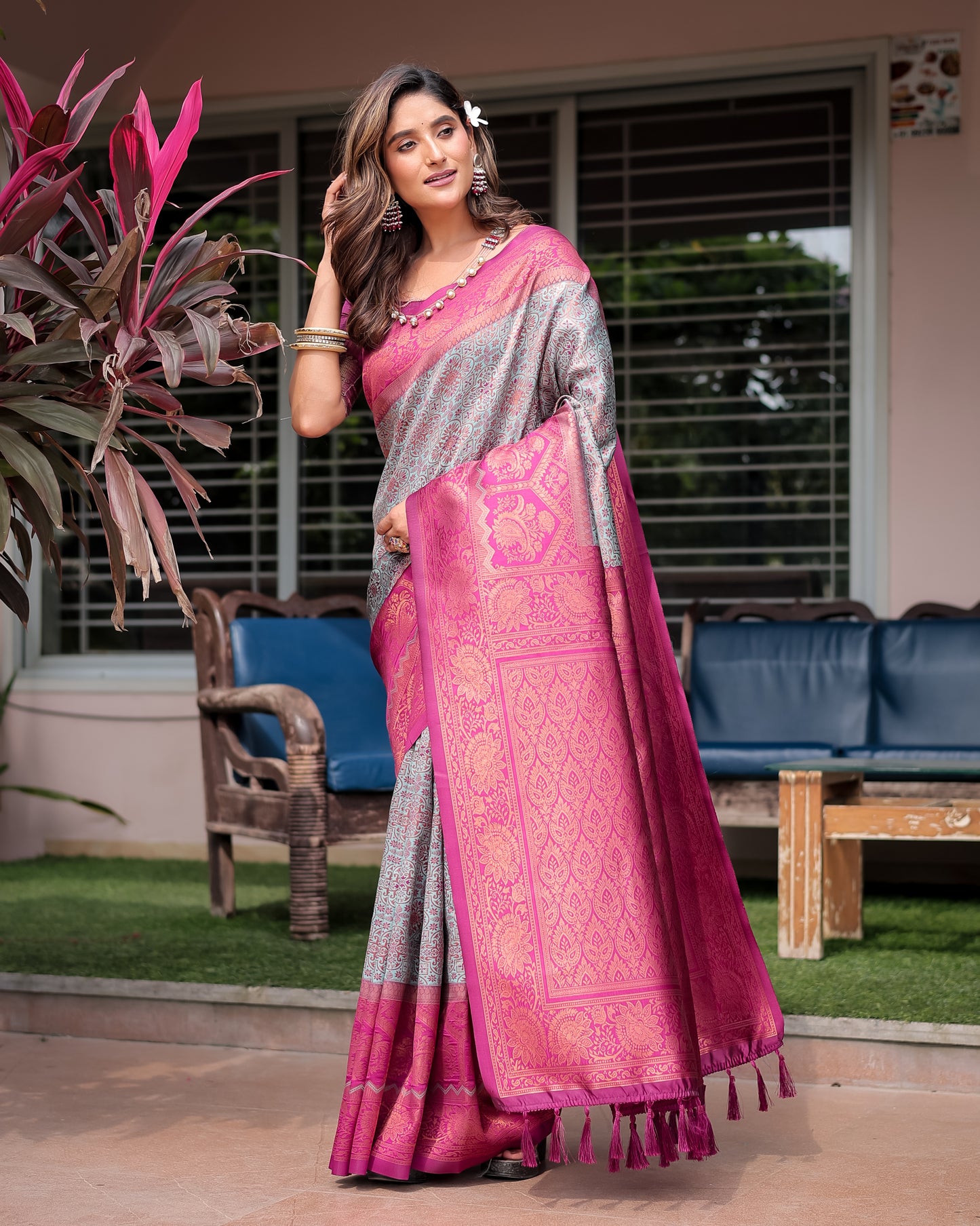 Luxe Banarsi Silk Saree with Designer Tassels and Dual Satin Effect