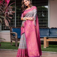 Luxe Banarsi Silk Saree with Designer Tassels and Dual Satin Effect