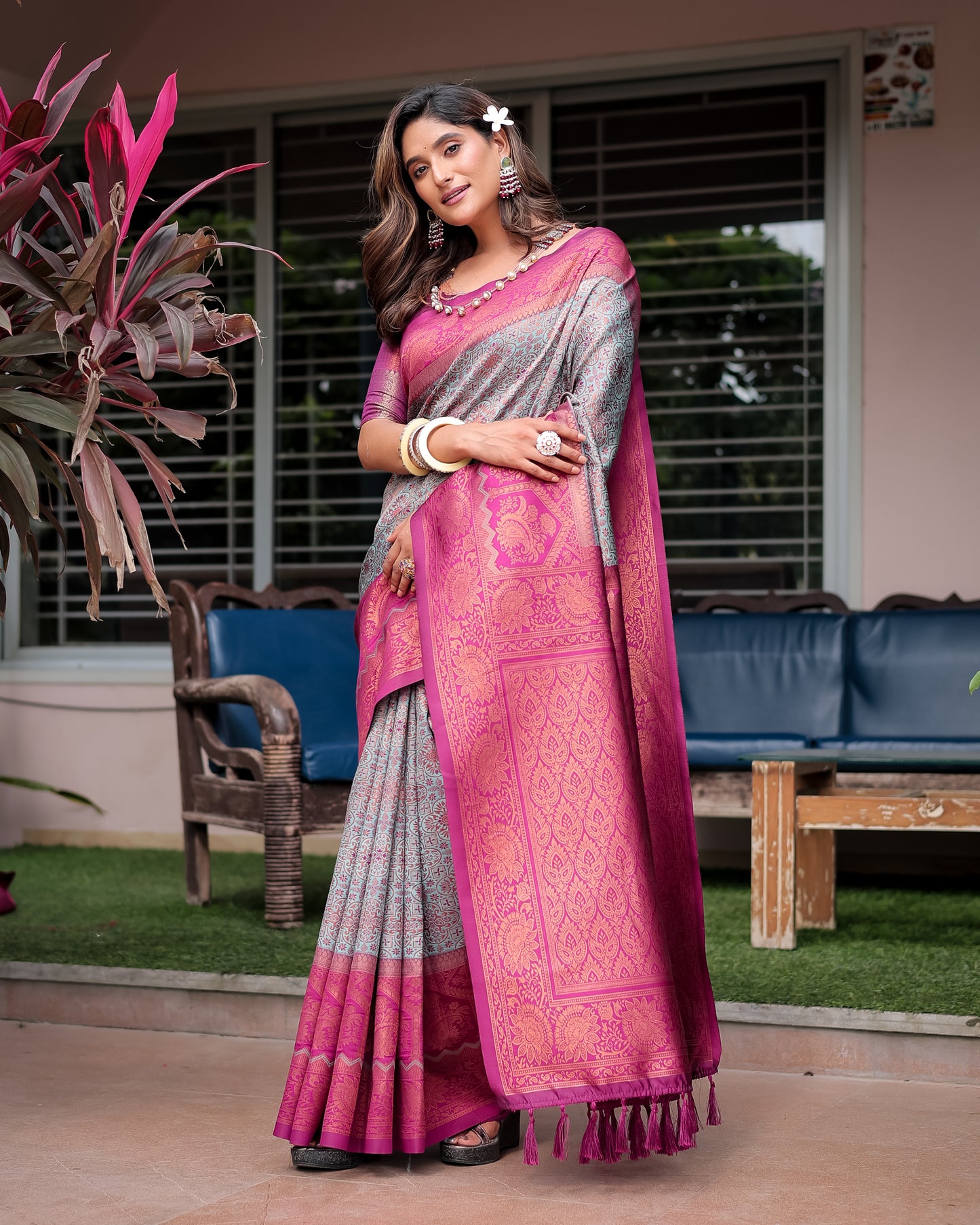 Luxe Banarsi Silk Saree with Designer Tassels and Dual Satin Effect