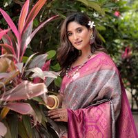 Luxe Banarsi Silk Saree with Designer Tassels and Dual Satin Effect