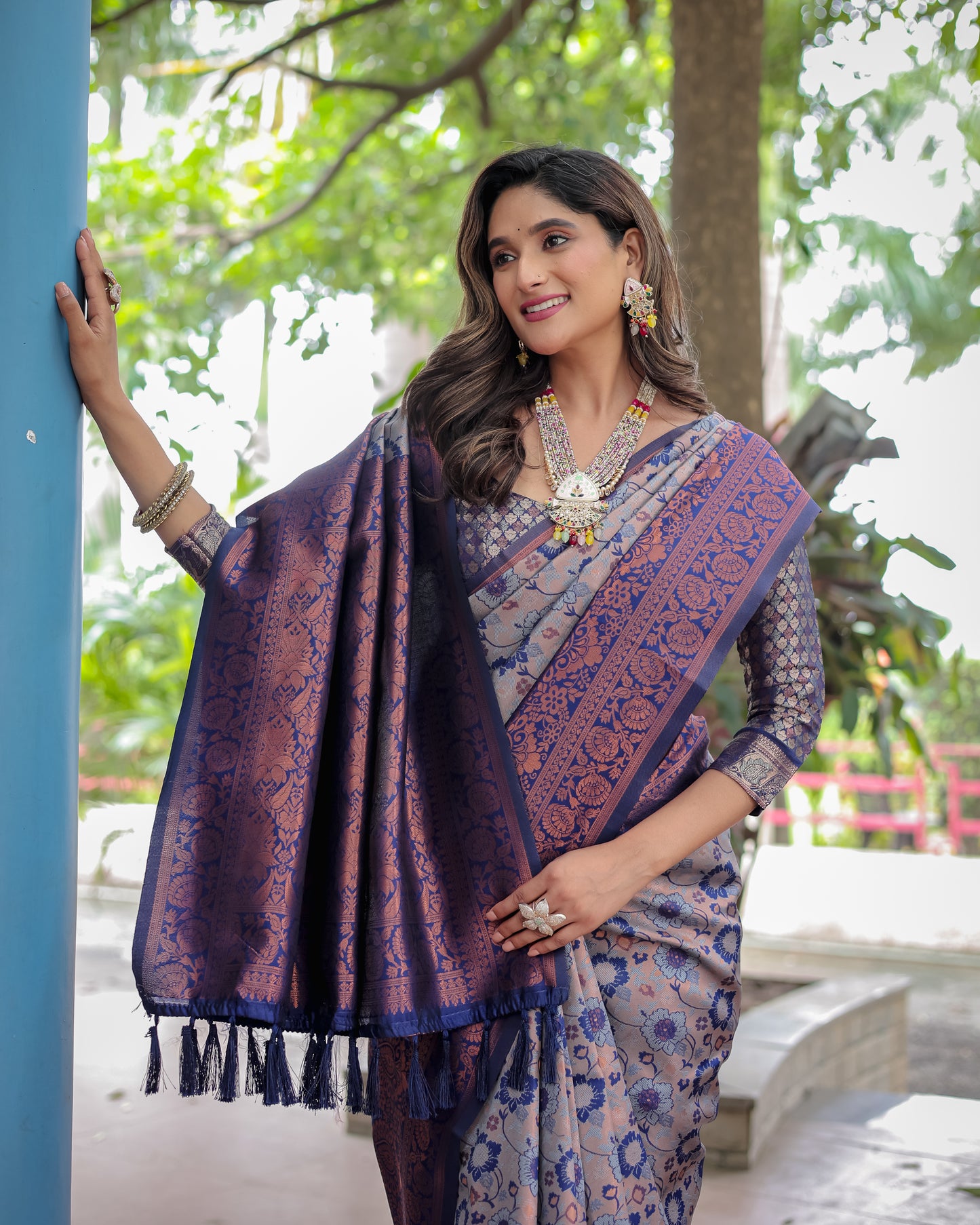 Super Duper Hit Banarsi Silk Saree with Designer Tassels and Dual Satin Effect Border