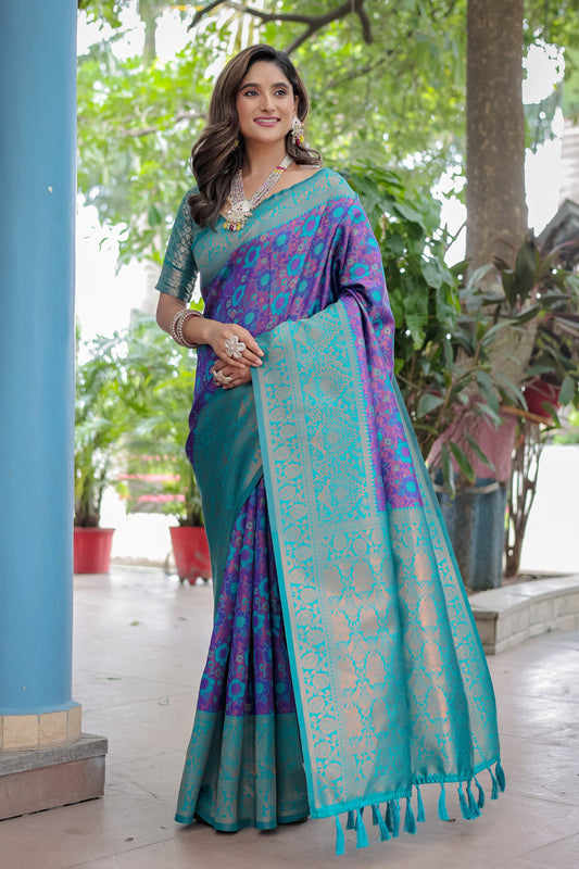 Super Duper Hit Banarsi Silk Saree with Designer Tassels and Dual Satin Effect Border