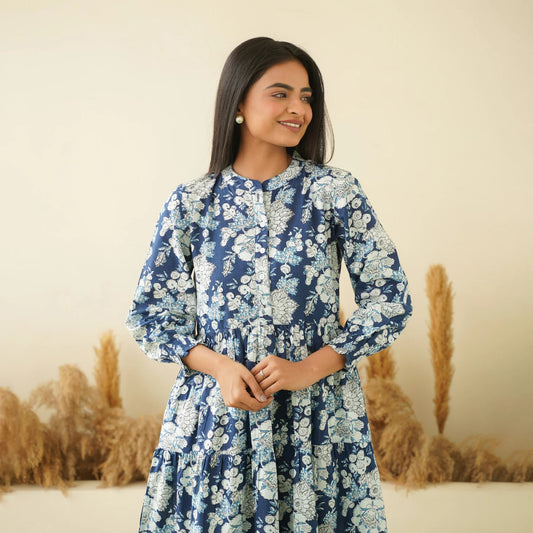 Meadow Whisper Tiered: Navy Blue Cotton Midi Dress with Puff Sleeves