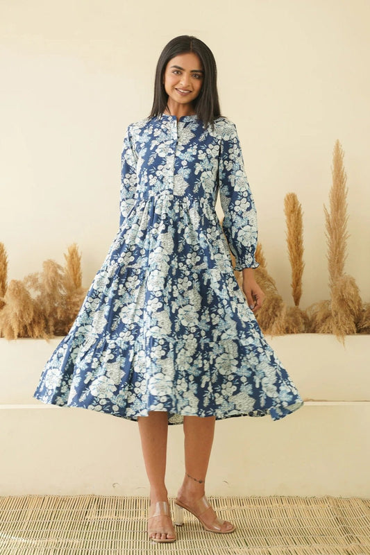 Meadow Whisper Tiered: Navy Blue Cotton Midi Dress with Puff Sleeves