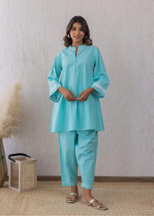 Sky Blue Lace Enchantment Cord Set with Cotton Palazzo Pants