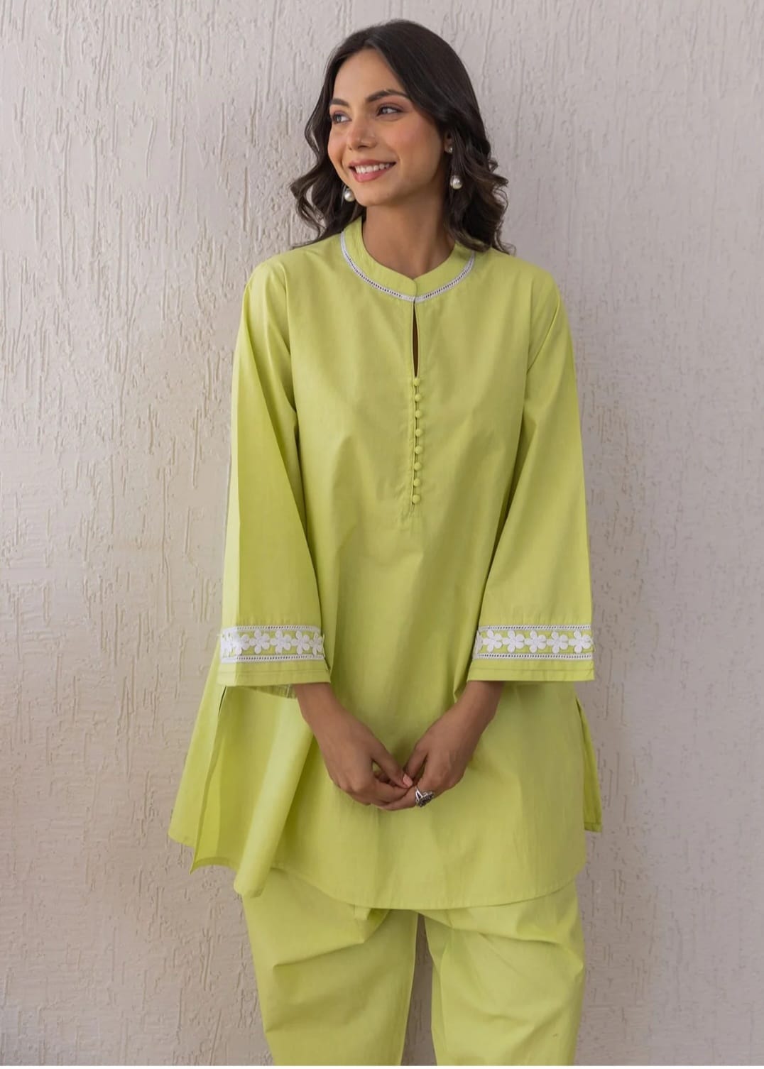 Lime Breeze Lace & Potli Button Set with Cozy Cotton Pants