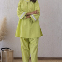 Lime Breeze Lace & Potli Button Set with Cozy Cotton Pants