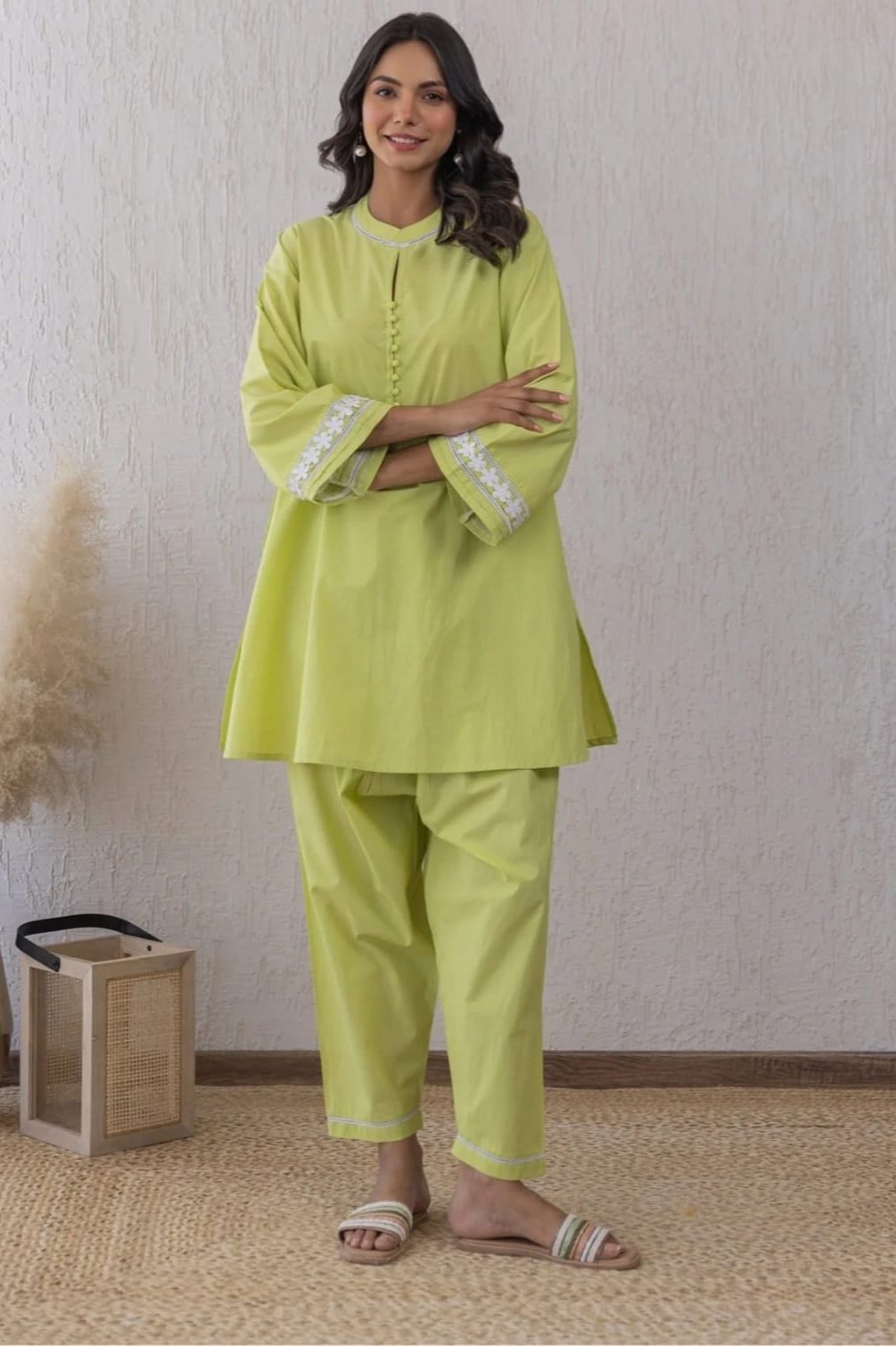 Lime Breeze Lace & Potli Button Set with Cozy Cotton Pants