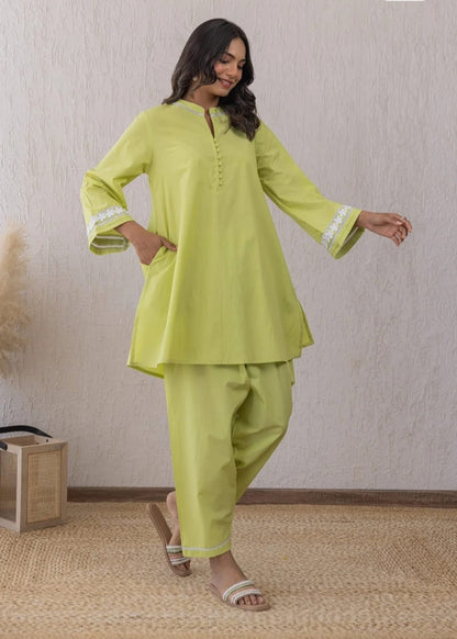 Lime Breeze Lace & Potli Button Set with Cozy Cotton Pants